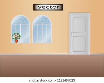 Vector illustration, Interior of the house in warm bright colors with closed door, arched Windows with flowers on the windowsill.