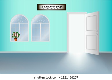 Vector illustration, Interior inside the house in cool colors with open door, arched Windows with flowers on the windowsill.