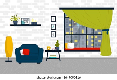 Vector illustration of an interior of a living room with furniture and decor accessories. Huge window with a pillows