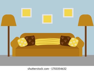 Vector illustration of interior of a living room with sofa and pillows in a simplified style.