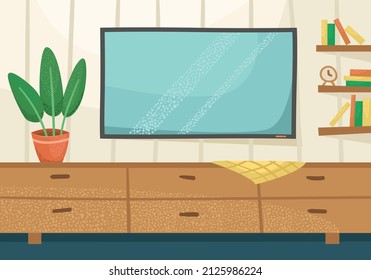 Ilustración vectorial del interior de una sala de estar con TV, pecho y maceta.