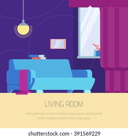 Vector illustration interior living room in the flat style. Interior furniture living room in blue tones.  Stylish and modern interior.  Web banner of living room for your design. 