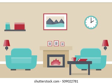 Vector illustration. Interior of living room with fireplace and two armchairs in flat design. 