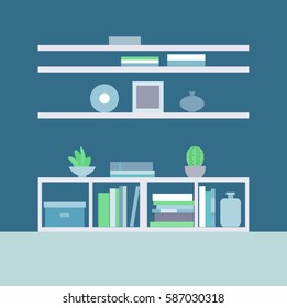 Vector illustration. Interior living room. Bookcase, potted plants, vases, paintings, decorative objects. The elements for graphic design. Flat style.