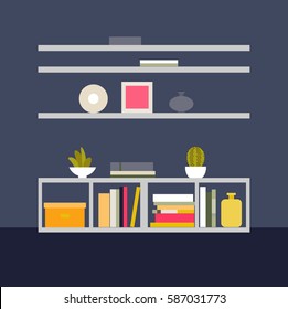 Vector illustration. Interior living room. Bookcase, potted plants, vases, paintings, decorative objects. The elements for graphic design. Flat style.