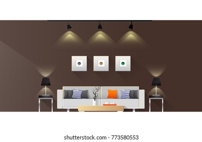 Vector Illustration. Interior of modern the living room with sofa, table, lamp, pictures in wall Brown