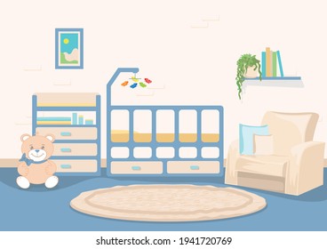 Ilustración vectorial del interior de un vivero para un recién nacido con cama de bebé, mesa cambiante, silla de madre, libros y un osito de peluche