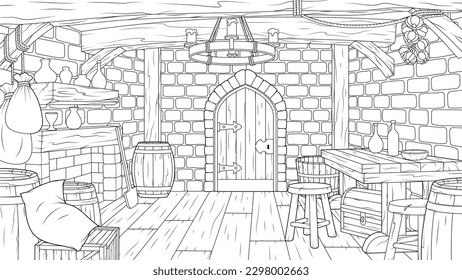 Vector illustration, interior of an old fantasy house, book coloring
