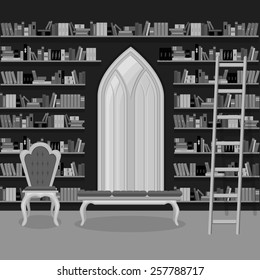 vector illustration. Interior of old large home library