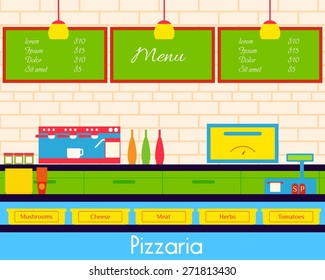 Vector illustration of interior pizzeria. Countertop with cooking attributes and cashier.