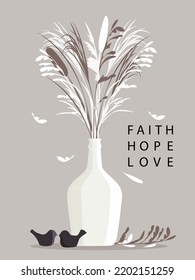 vector illustration interior poster vase with flowers and birds