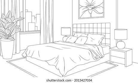Vector illustration  interior room  bedroom in modern style  coloring book