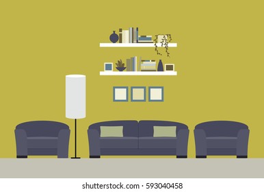 Vector illustration. The interior of the room. Living room with a sofa. Flat style.