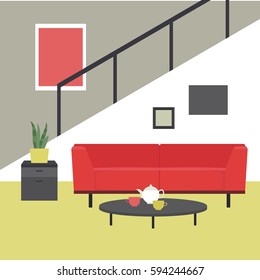 Vector illustration. The interior of the room. Living room with a sofa. Flat style.