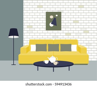 Vector illustration. The interior of the room. Living room with a sofa. Flat style.