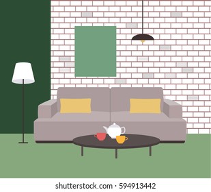 Vector illustration. The interior of the room. Living room with a sofa. Flat style.