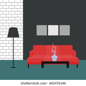Vector illustration. The interior of the room. Living room with a sofa. Flat style.