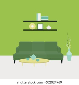 Vector illustration. The interior of the room. Living room with a sofa. Flat style.