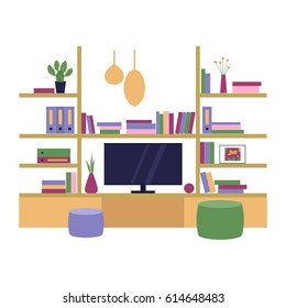 Vector illustration. The interior of the room. Living room with a shelf and TV. Flat style.