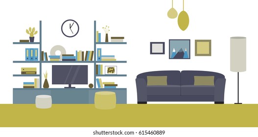 Vector illustration. The interior of the room. Living room with a sofa. Flat style.