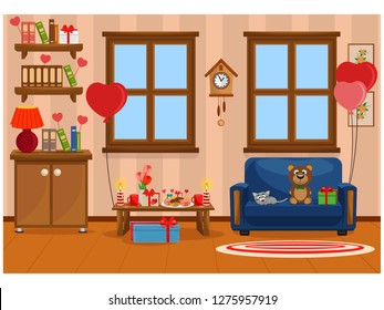 Vector illustration of the interior of the room prepared for the celebration of Valentine's day. Furniture, treats, romance.