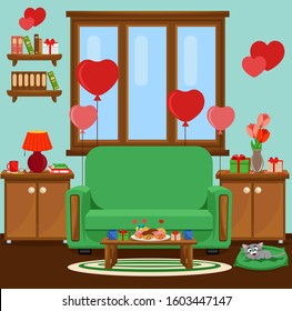Vector illustration of the interior of the room prepared for the celebration of Valentine's day. Furniture, treats, romance.
