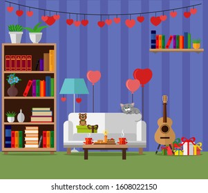 Vector illustration of the interior of the room prepared for the celebration of Valentine's day. Furniture, treats, romance.