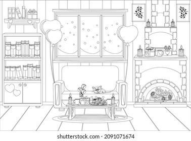 Vector illustration of the interior of the room prepared for the celebration of Valentine's day. Coloring book.