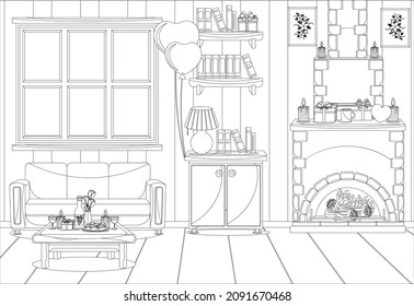 Vector illustration of the interior of the room prepared for the celebration of Valentine's day. Coloring book.