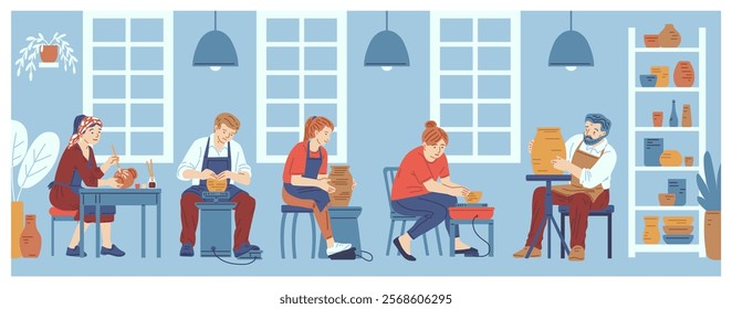 Vector illustration of an interior room where characters of different genders and ages make ceramic dishes at a master class. Flat cartoon style. Pottery workshop. Handicraft, hobby and leisure.