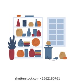 Vector illustration of an interior room with a window, shelves with ceramic dishes and a pottery wheel. Ceramics workshop. Elements for design on an isolated background. Flat cartoon style.