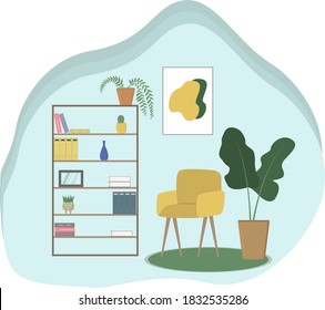 Vector illustration of interior with shelves, room plants and chair.