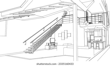 Dibujo vectorial de boceto interior de cafetería, sala de estar, cocina y escaleras
