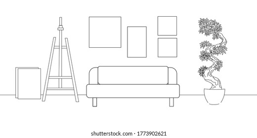 vector illustration interior sketch line. The image shows a sofa, paintings, a bonsai tree plant and an easel with tablets for drawing