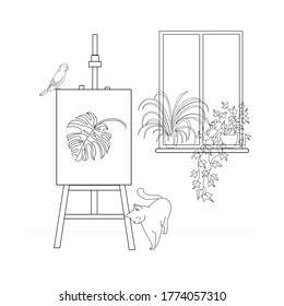 vector illustration interior sketch line. Drawing with a cat and a parrot at the easel. There are plants on the window.