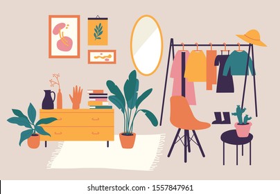 Vector illustration interior with stylish comfy furniture and home decorations. Icons of living rooms or apartments with furnished home plants