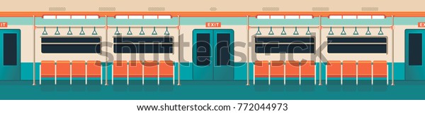 vector illustration interior of a subway car\
panoramic view in a flat style\
nobody