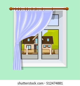 Vector illustration of interior with a window curtain and scenery with a small rural house and 
trees