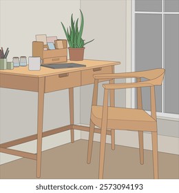 Vector illustration of Interior working  space. Drawn working room isolated. Design element for coloring book page.
