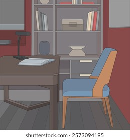 Vector illustration of Interior working  space. Drawn working room isolated. Design element for coloring book page.
