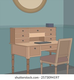 Vector illustration of Interior working  space. Drawn working room isolated. Design element for coloring book page.
