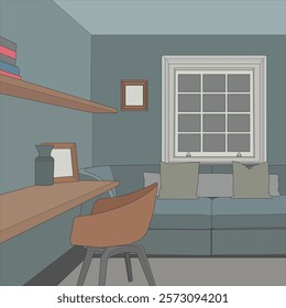 Vector illustration of Interior working  space. Drawn working room isolated. Design element for coloring book page.
