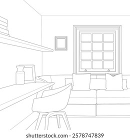 Vector illustration of Interior working  space. Drawn working room isolated on white background for design element and coloring book page
