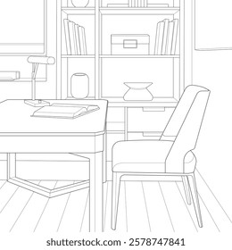 Vector illustration of Interior working  space. Drawn working room isolated on white background for design element and coloring book page
