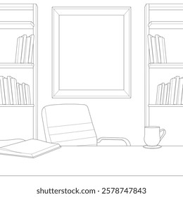 Vector illustration of Interior working  space. Drawn working room isolated on white background for design element and coloring book page
