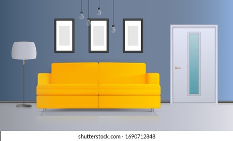 Ilustración vectorial de un interior. Sofá amarillo, puerta blanca, lámpara de suelo con pantallas blancas, lámpara de techo blanco. Interior vectorial realista.