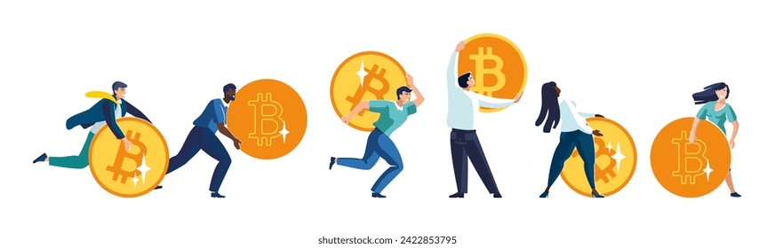 Vector illustration. International business people carrying bitcoin cryptocurrency market investment, Europeans and Africans, African Americans. Gold coins, businessmen, girls. Business for financing
