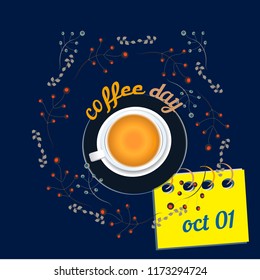 Vector illustration of International Coffee Day. Suitable for greeting card, poster and banner., flat realism and lettering