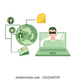 vector illustration of international cyber crime financial transactions. customer financial data hacking concept. customer money theft.