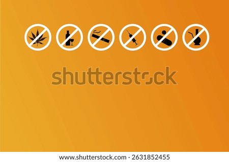 Vector illustration of International Day Against Drug Abuse poster.Pill bottle icon, hard drugs, syringe icon. Drug prohibition symbol.